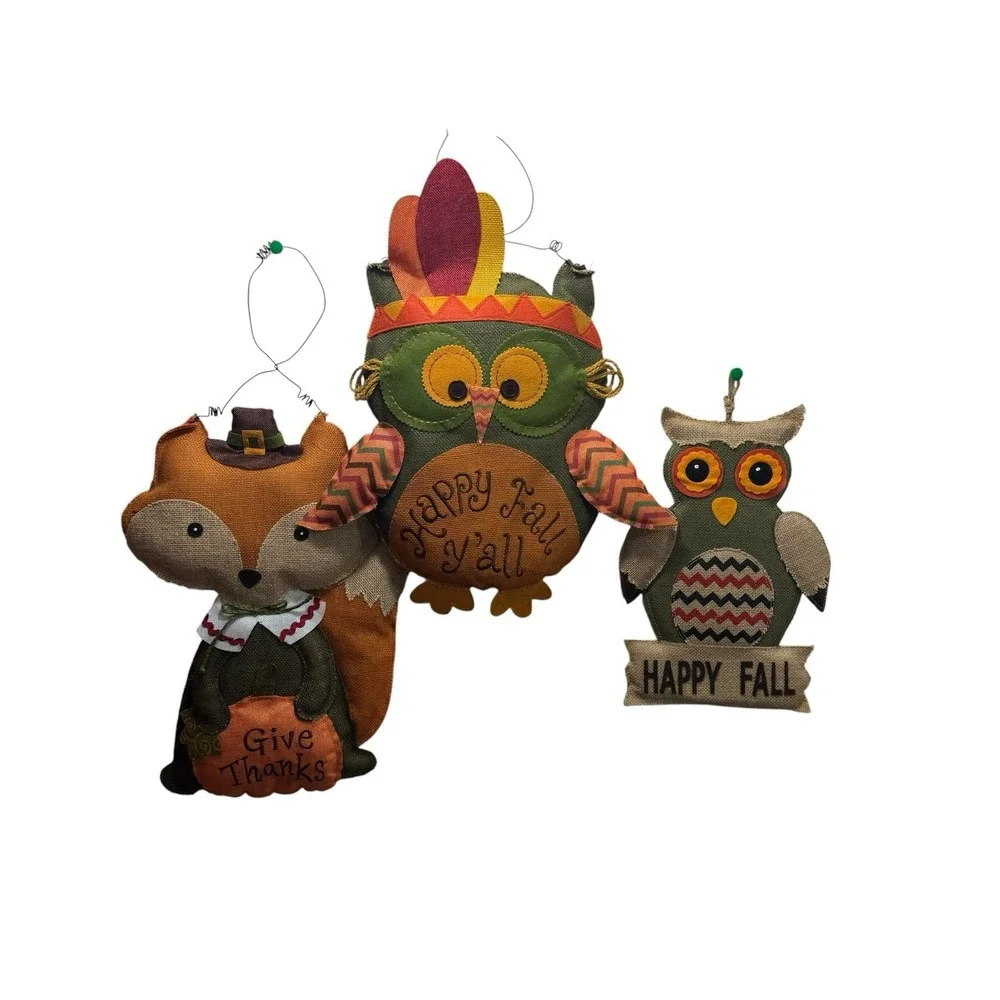 Fall Owl Fox Burlap Hanging Decor Thanksgiving Harvest Autumn Plush Set Of 3 24